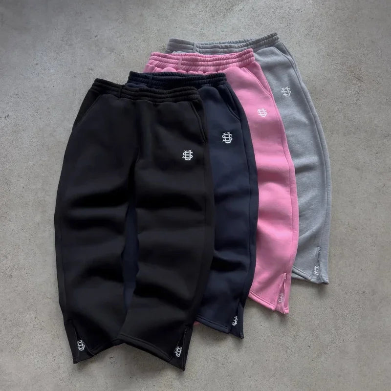 2025 Y2K Embroidered Slim Street Pants – Unisex, Solid Color, Straight-Leg