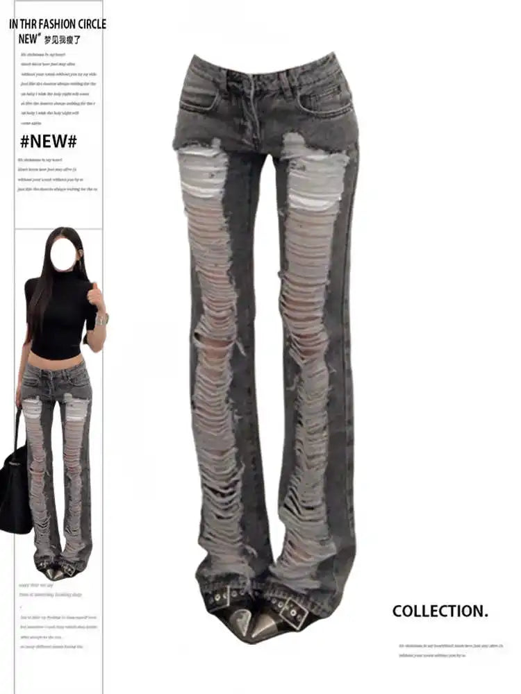 Women's Grey Ripped Long Pants - Mldripanddrop