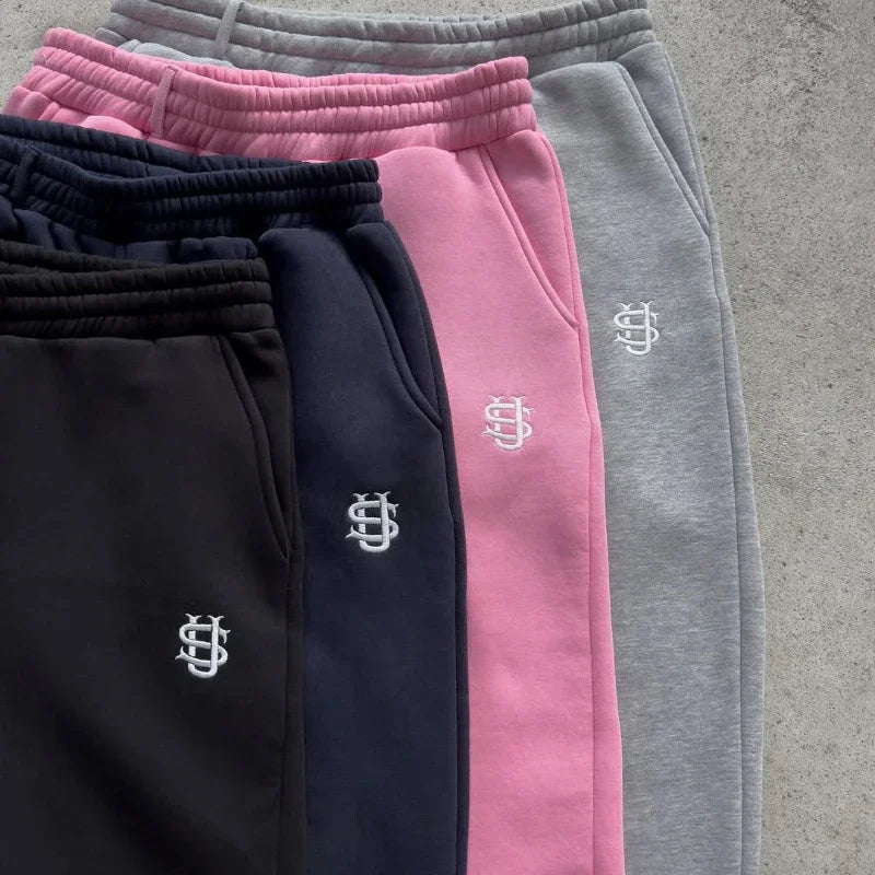 2025 Y2K Embroidered Slim Street Pants – Unisex, Solid Color, Straight-Leg
