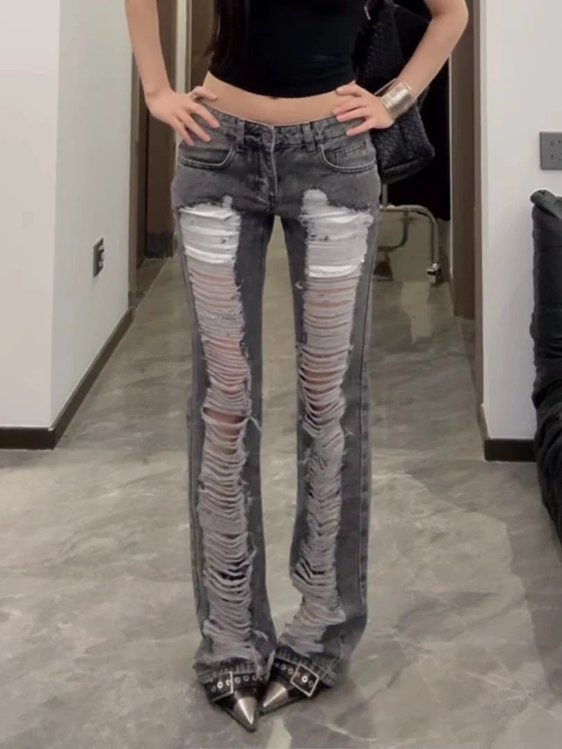 Women's Grey Ripped Long Pants - Mldripanddrop