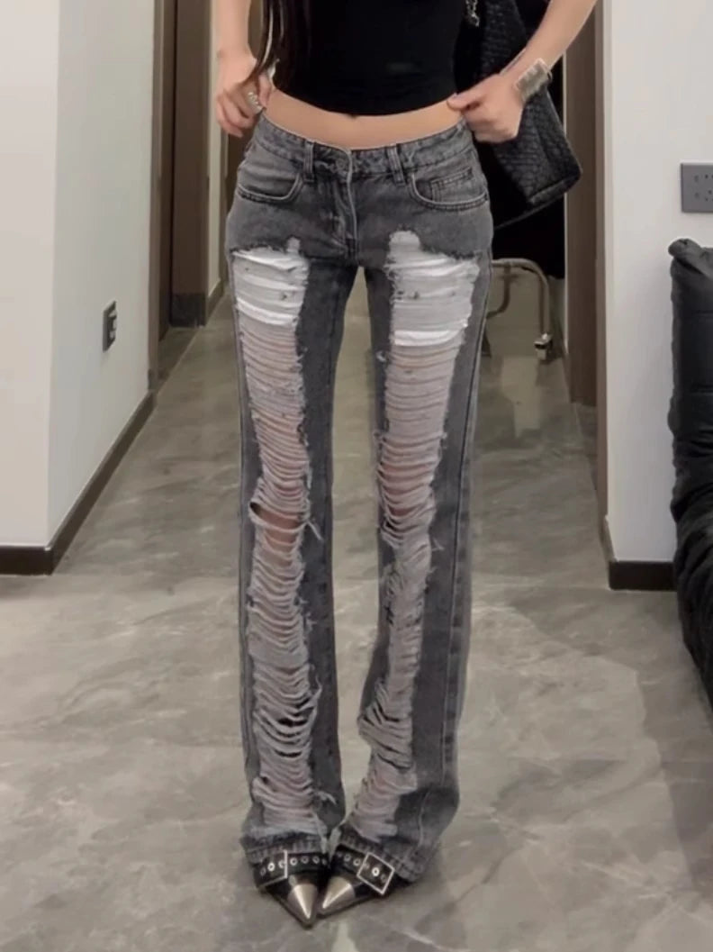 Women's Grey Ripped Long Pants - Mldripanddrop