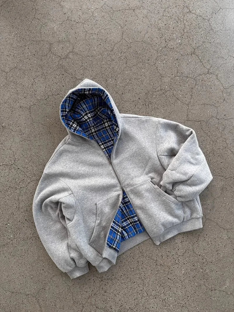 Oversized Hoodies for Street Clothes with Plaid Lining Solid Color Sweatshirt Streetwear - Mldripanddrop