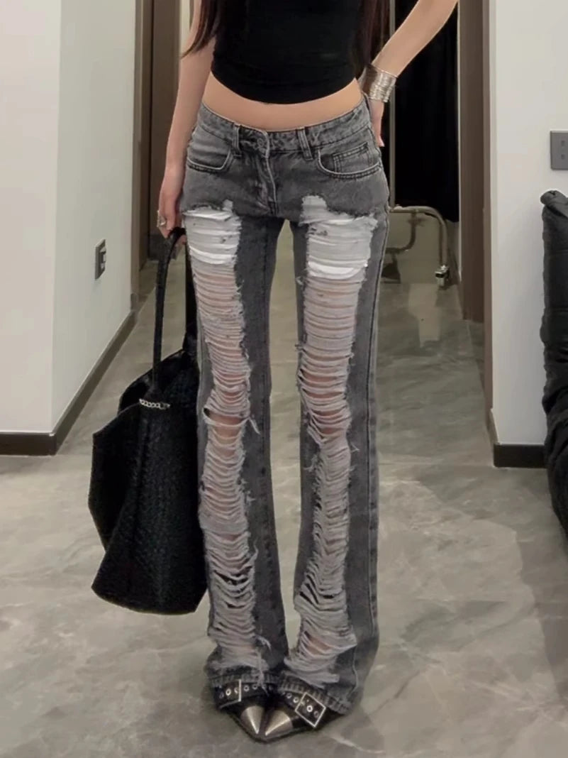 Women's Grey Ripped Long Pants - Mldripanddrop