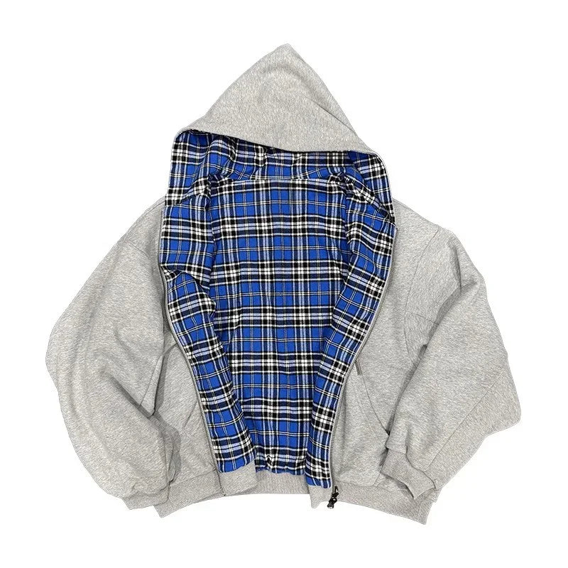 Oversized Hoodies for Street Clothes with Plaid Lining Solid Color Sweatshirt Streetwear - Mldripanddrop