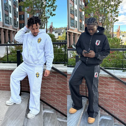 Men’s Striped Zip Hoodie & Sweatpants Set – Y2K Oversized Streetwear