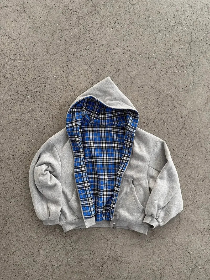 Oversized Hoodies for Street Clothes with Plaid Lining Solid Color Sweatshirt Streetwear - Mldripanddrop