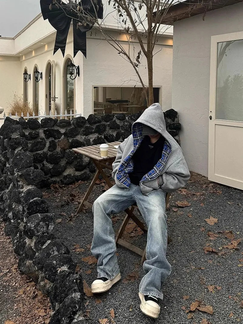 Oversized Hoodies for Street Clothes with Plaid Lining Solid Color Sweatshirt Streetwear - Mldripanddrop