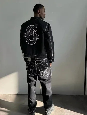 Embroidered Jacket Jeans Two Piece Y2K Streetwear Mens Womens Tracksuit Retro - Mldripanddrop