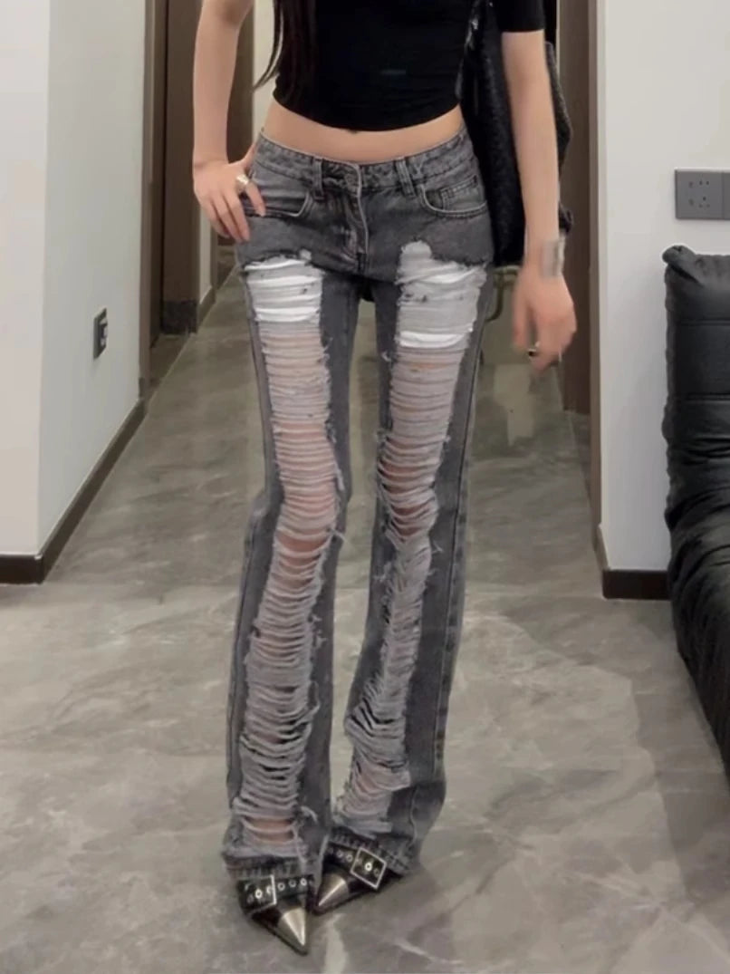 Women's Grey Ripped Long Pants - Mldripanddrop
