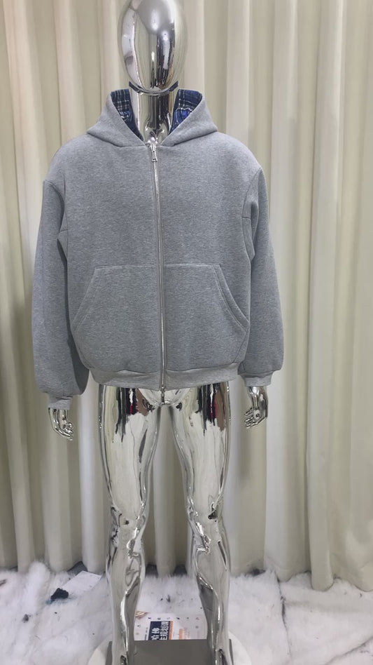 Oversized Hoodies for Street Clothes with Plaid Lining Solid Color Sweatshirt Streetwear